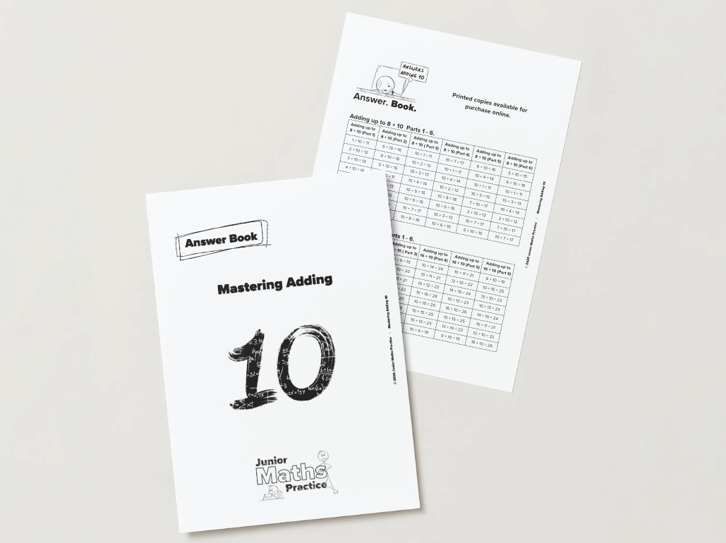 Maths answer book titled 'Mastering Adding 10' on a white background