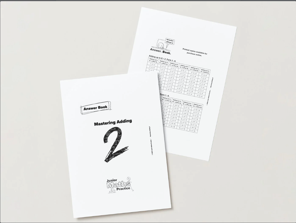Maths answer book titled 'Mastering Adding 2' on a white background