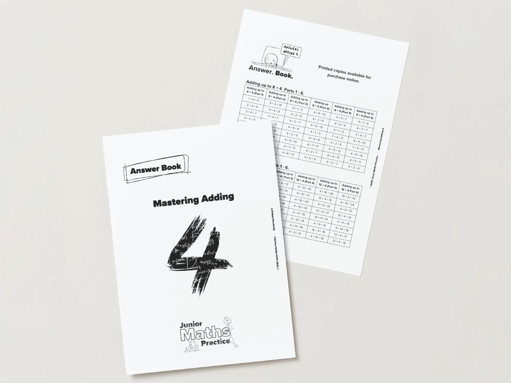 Maths answer book titled 'Mastering Adding 4' on a white background