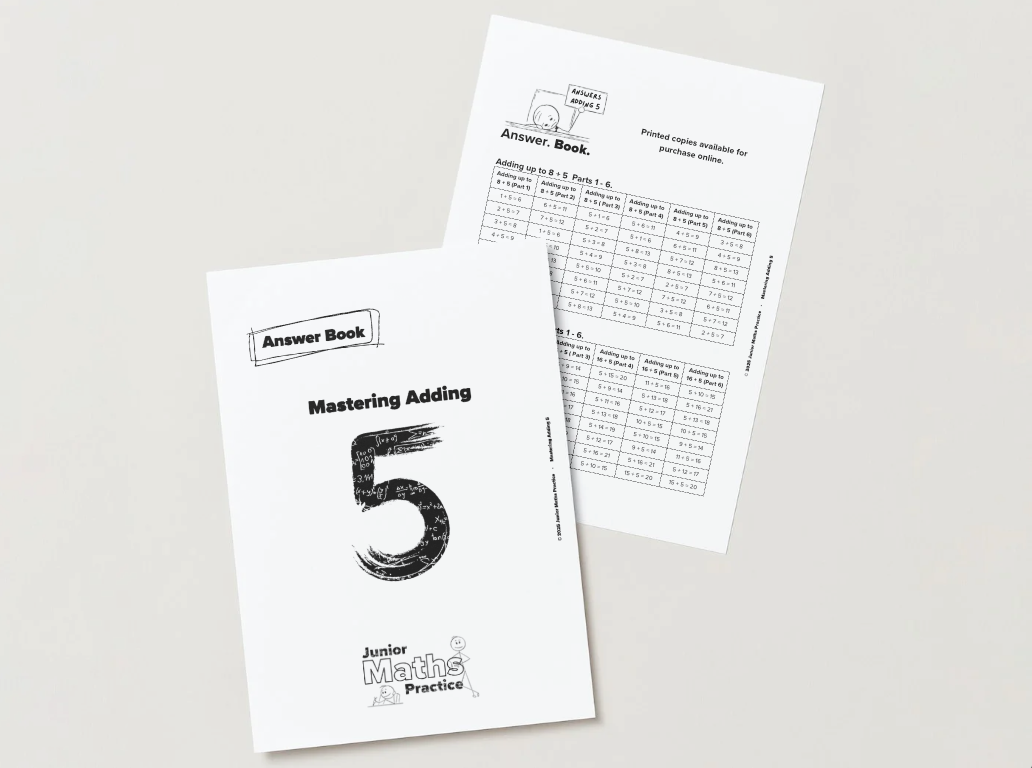 Maths answer book titled 'Mastering Adding 5' on a white background