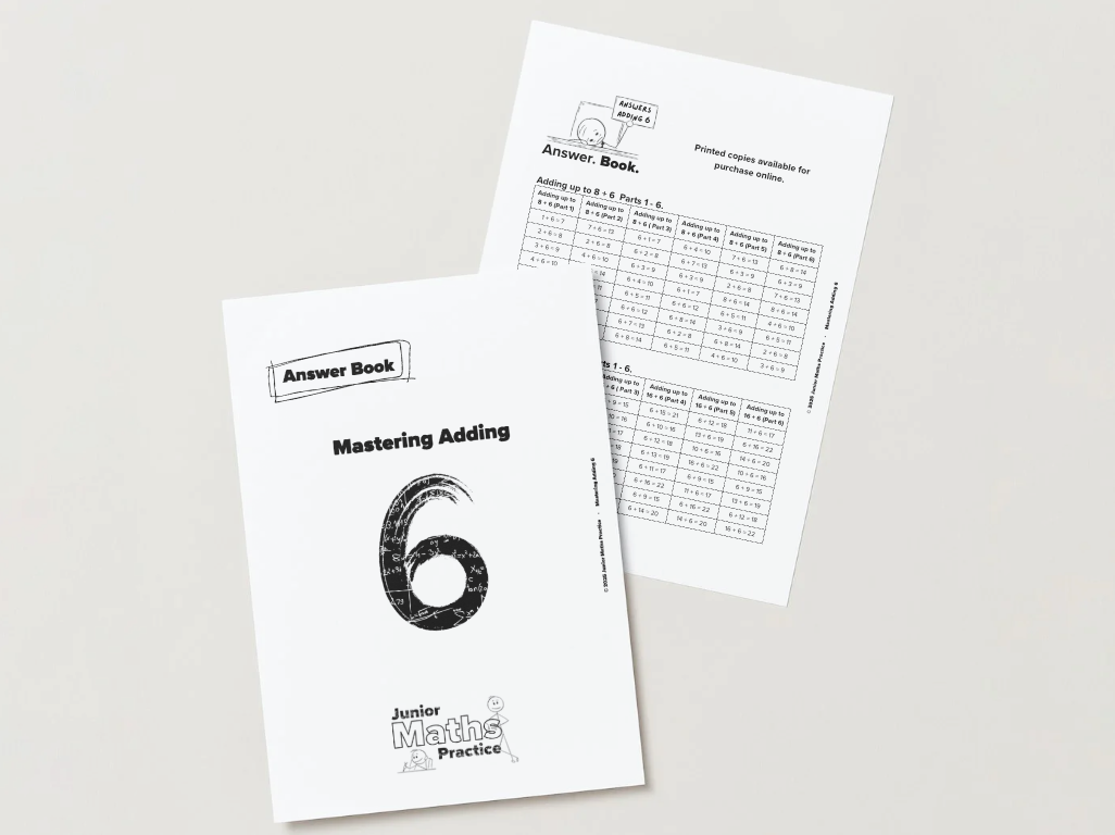 Maths answer book titled 'Mastering Adding 6' on a white background