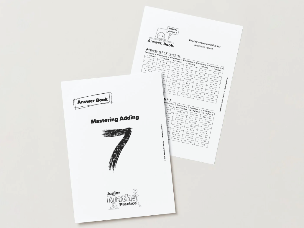 Maths answer book titled 'Mastering Adding 7' on a white background