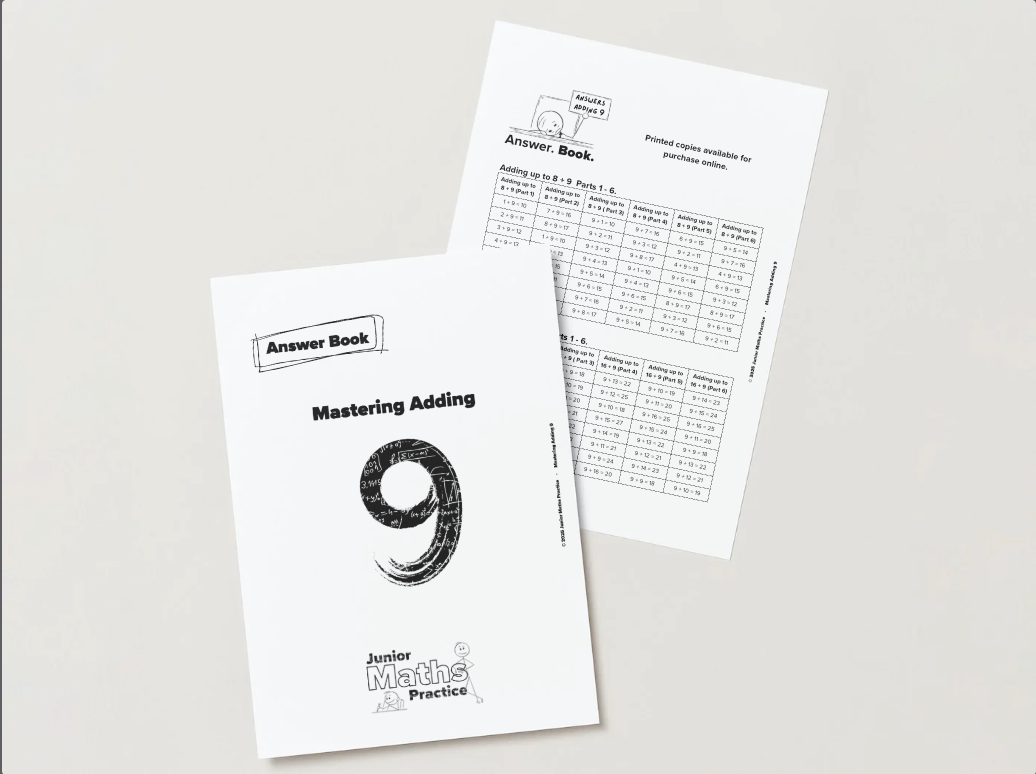 Maths answer book titled 'Mastering Adding 9' on a white background