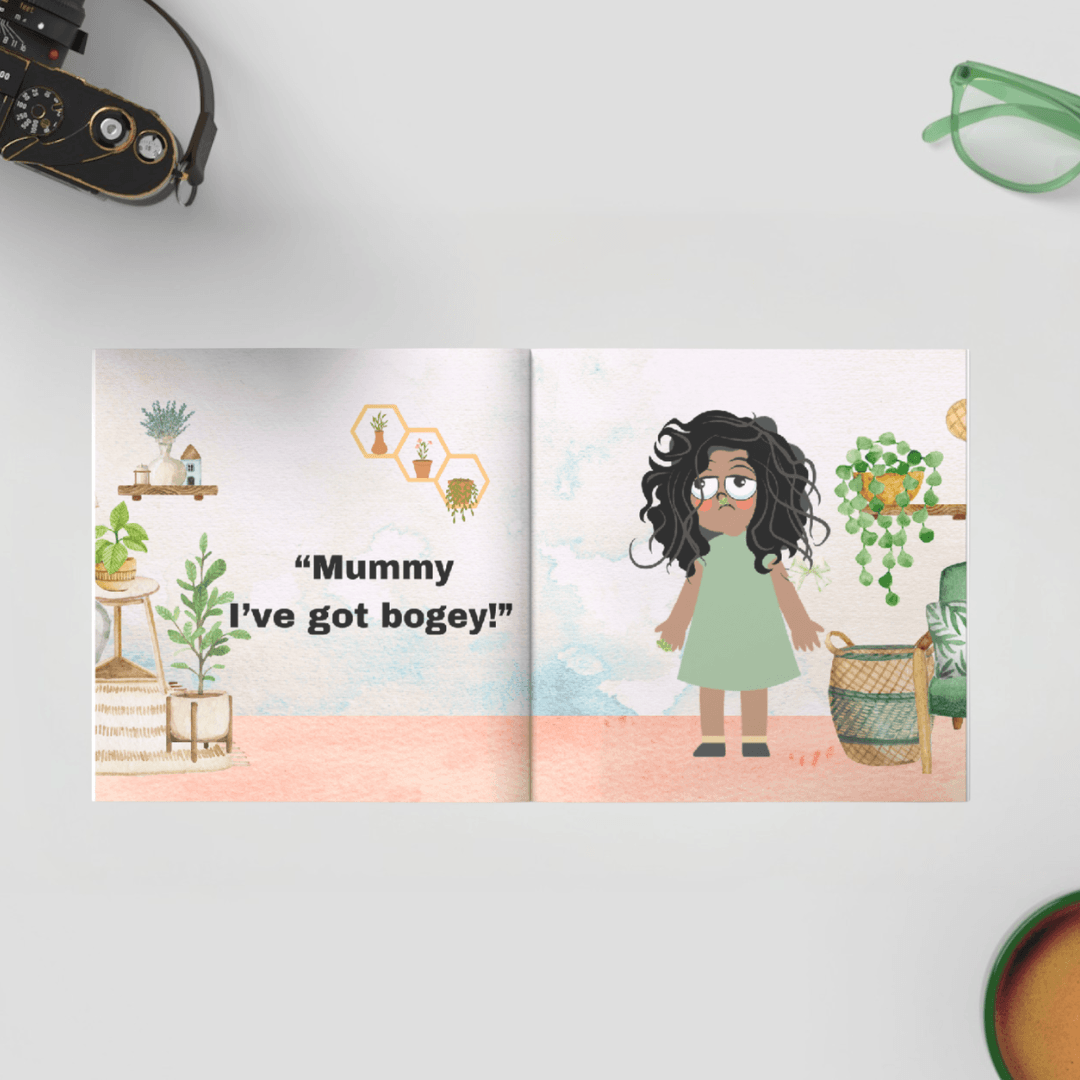 Sticky Icky Bogey Illustrated book open to two pages with text and an illustration of a child holding a basket.